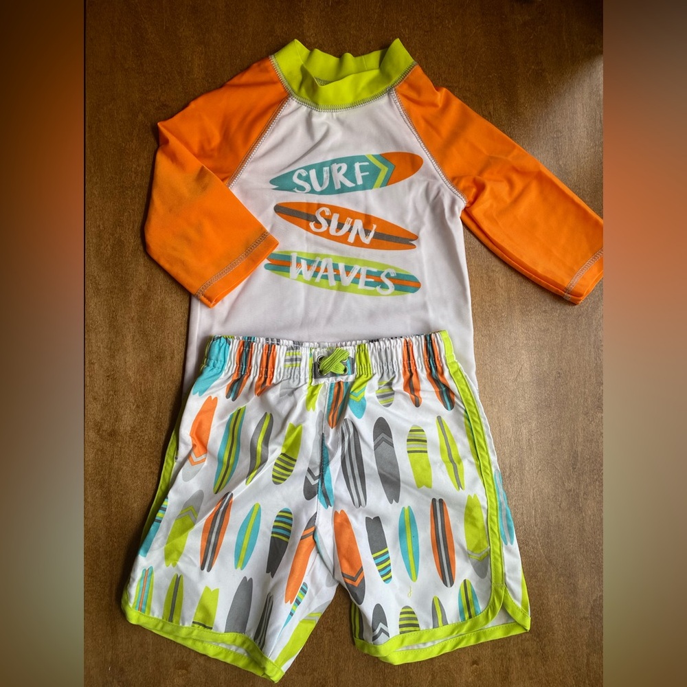 Surf Sun Waves Kids Rashguard Set - Orange and White- pre-owned